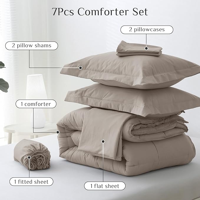 JOLLYVOGUE Full Comforter Set, Ultra-Soft Bed in a Bag Full Size 7 Pieces, Oeko-TEX Certified Bedding Set with Down Alternative Comforter, Sheets, Pillowcases & Shams, Khaki