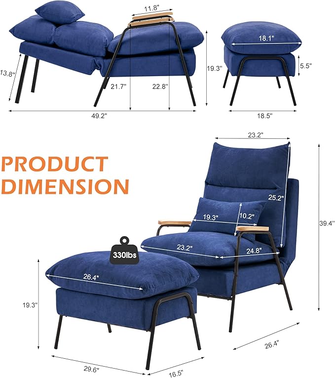 MCombo Accent Recliner Chair with Ottoman, Modern Fabric Armchair, Upholstered Sofa Bed for Living Room Bedroom, Small Space 4055 (Black Frame, Blue)