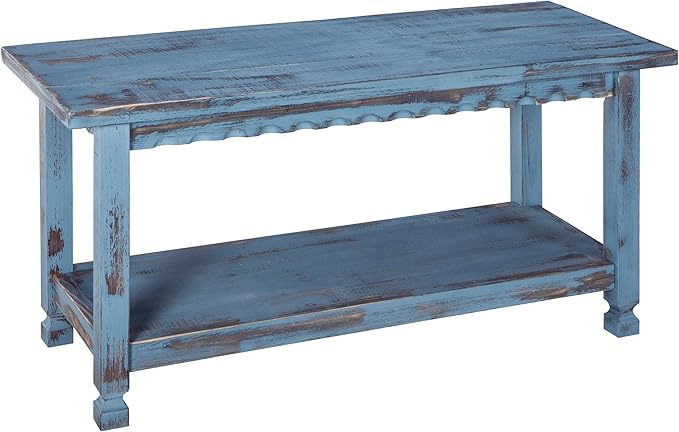 Country Cottage Entryway Bench with Storage Shelf – 36 Inch Solid Wood Farmhouse Bench in Antique Blue Distressed Finish for Rustic Hallway or Living Room Accent by Alaterre Furniture