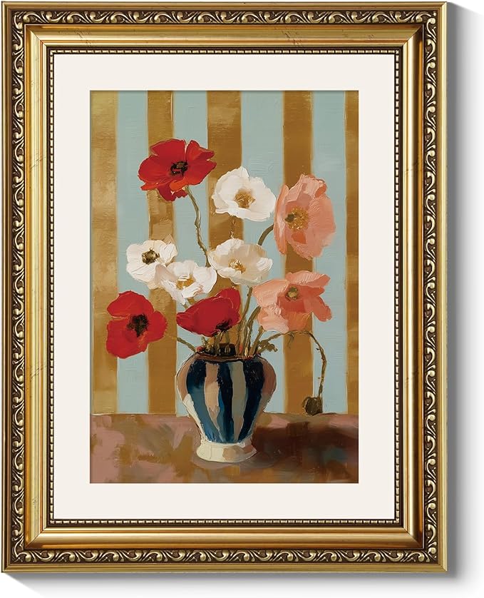 ARPEOTCY Vintage Gold Framed Wall Art for Living Room, 11x14 Inch Red Poppy Flower Wall Art, Floral Oil Painting Print, Classic Still Life Canvas Picture for Bedroom, Bathroom, or Entryway Home Decor