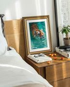 ARPEOTCY Gold Framed Canvas Wall Art, 11x14 Inch Swimming Tiger Painting, Vintage Wildlife Animal Artwork, Aqua Blue Nature Wall Decor for Living Room, Bedroom, Bathroom, or Office
