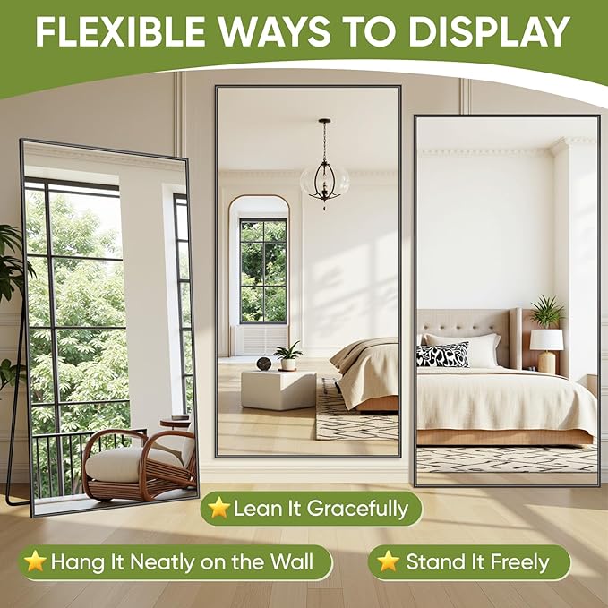 Full-Length Floor Mirror with Stand, 58"x18" Rectangle Style Full Body Standing Mirror for Bedroom, Living Room, Gym, Dorm - Shatter-Resistant & Easy Assembly, Black