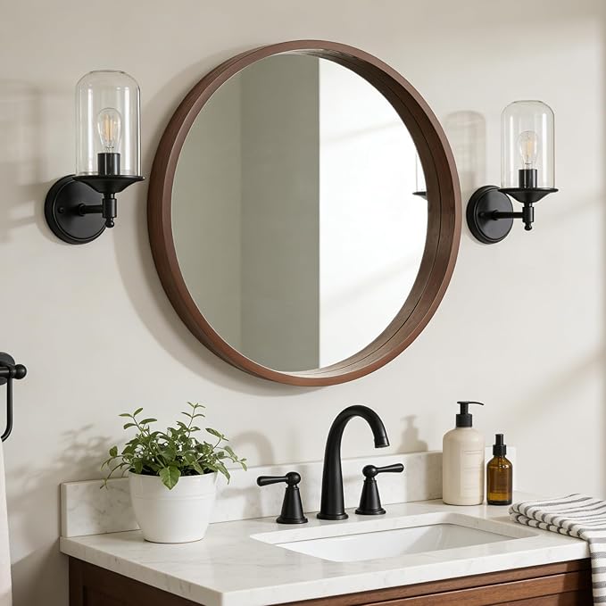 WallBeyond 28 Inch Round Wood Mirror, Large Circle Wooden Frame Wall Mirror for Bathroom, Living Room, Bedroom, Entryway (Walnut)