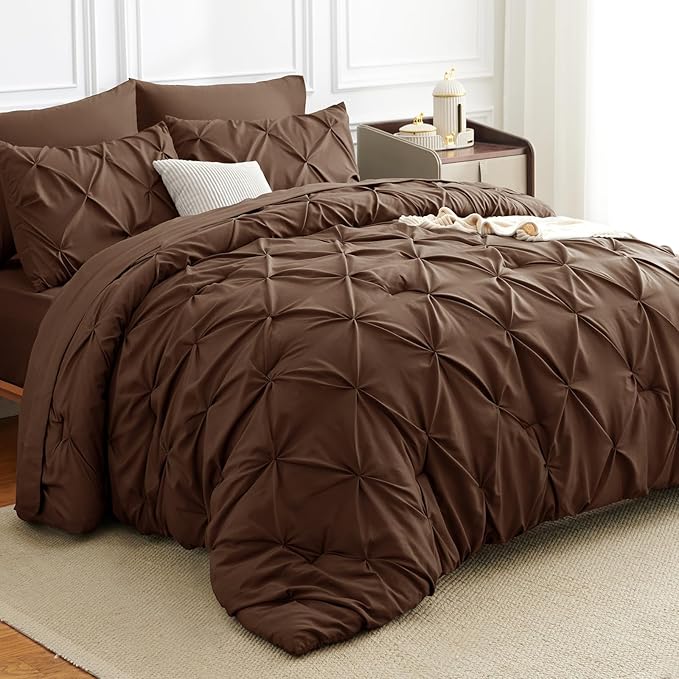 CozyLux Full Size Comforter Sets Brown, 7 Pieces Pintuck Bed in A Bag Brown Comforter Full Size, Pinch Pleat Bedding Sets with All Season Comforter, Sheets, Pillowcases & Shams