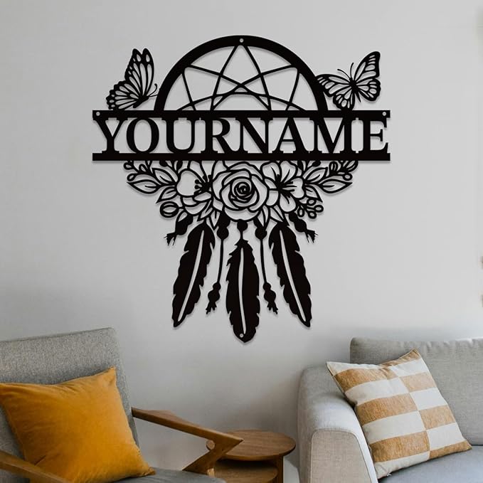 Personalized Dream Catcher Metal Wall Art - Custom Name Iron Sign for Home Decor, 8-30 Inch Black (Style D)