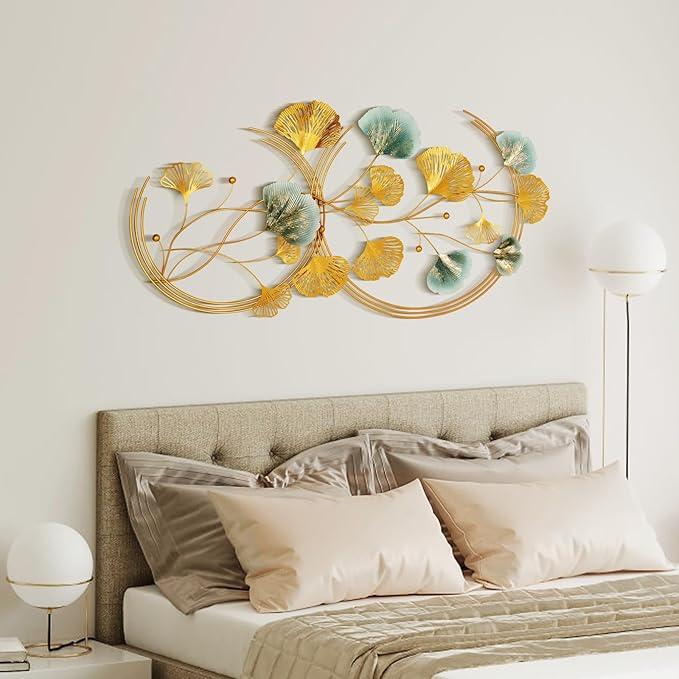 Babyieia 3D Ginkgo Leaf Metal Wall Art Decor for Living Room, 59" Gold Wall Art Decorations, Large Modern Metal Wall Sculptures