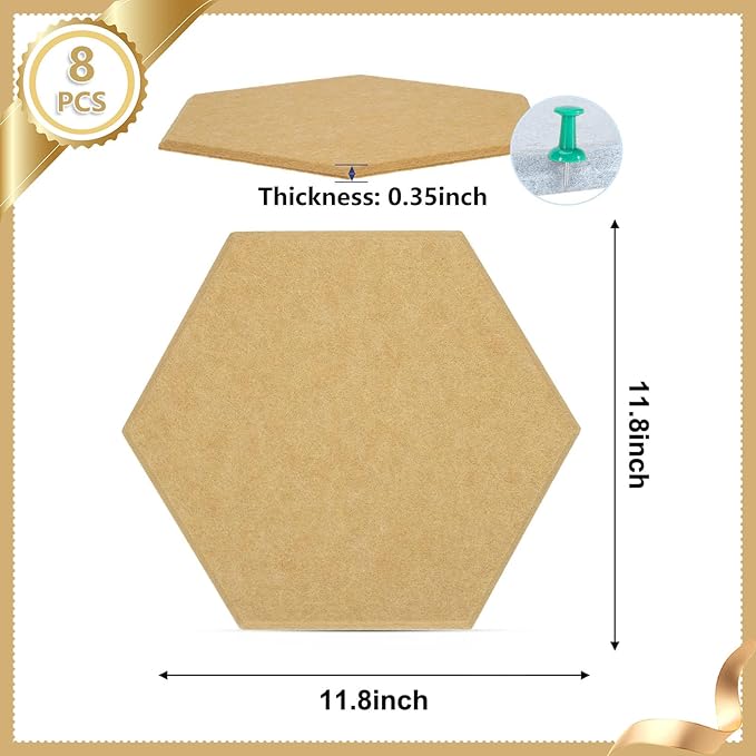 8 Packs Brown Hexagon Felt Pin Board, 12" Bulletin Board with 30 Push Pins, Felt Board for Home Kitchen Office Decor, Self-Adhesive Corkboard Tiles for Walls School Message Photos Memos