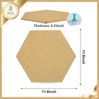 8 Packs Brown Hexagon Felt Pin Board, 12" Bulletin Board with 30 Push Pins, Felt Board for Home Kitchen Office Decor, Self-Adhesive Corkboard Tiles for Walls School Message Photos Memos