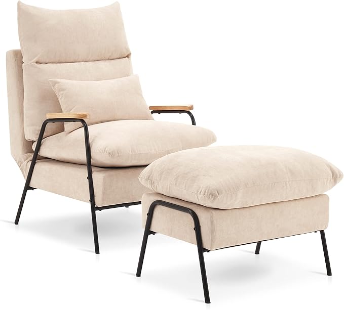 MCombo Accent Recliner Chair with Ottoman, Modern Fabric Armchair, Upholstered Sofa Bed for Living Room Bedroom, Small Space 4055 (Black Frame, Beige)