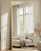 Full-Length Floor Mirror with Stand, 71"x32" Rectangle Style Full Body Standing Mirror for Bedroom, Living Room, Gym, Dorm - Shatter-Resistant & Easy Assembly, Gold