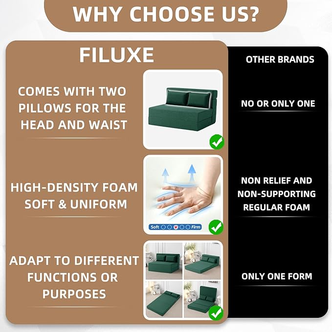 FILUXE Convertible Folding Sofa Bed-Sleeper Chair with Pillow, Modern Linen Fabric Floor & Futon Couch, Foldable Mattress for Living Room/Dorm/Guest Use/Home Office/Apartment, Standard Size,Dark Green