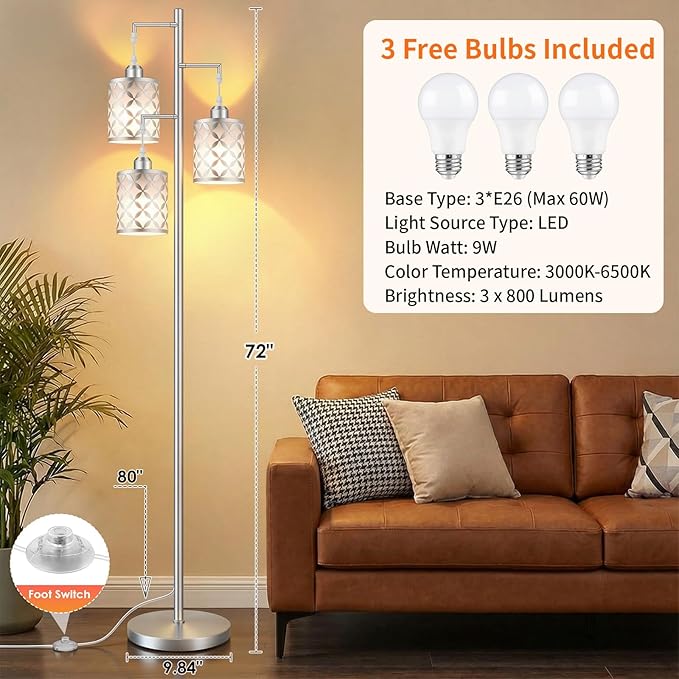 New Upgraded 72" Tall Dimmable Floor Lamp, 3 x 800LM 9W LED Bulbs Included, Farmhouse Standing Lamp with Remote Control, Industrial Tree Pole Floor Lamps for Living Room, Bedroom, Study Room - Silver