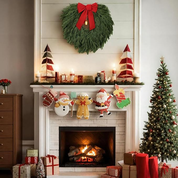 24" Norfolk Pine Wreath, Artificial Christmas Wreaths, Real Touch Green Winter Garland for Front Door Wall Indoor Outdoor Christmas Holiday Decor, with Bow & Bell, FF12