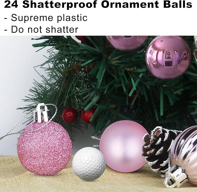 GameXcel 24Pcs Christmas Balls Ornaments for Xmas Tree - Shatterproof Christmas Tree Decorations Medium Size Hanging Ball Pink 2.5 inch x 24 Pack inch