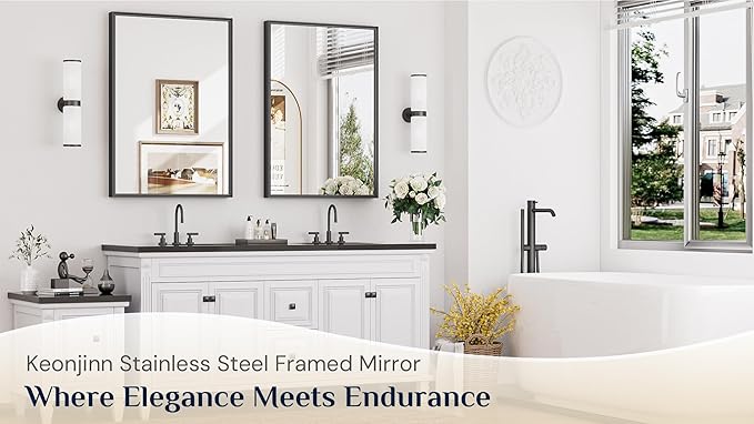 Keonjinn Black Mirror for Bathroom 24 x 36 Inch, Stainless Steel Framed Wall Mounted Mirrors, Anti-Rust, HD Tempered Glass, Shatter-Proof, Rectangle Bathroom Vanity Mirror, Modern Style Frame