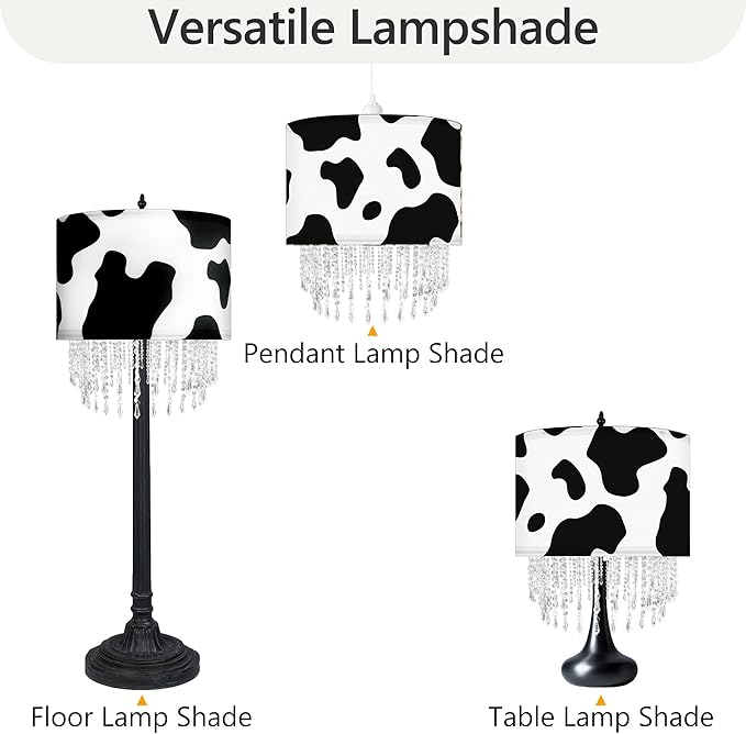 Black White Cow Print Lamp Shade with Acrylic Bead Droplets, Animal Drum Fabric Light Shade for Pendant Table & Floor Lamp, Cute Party Room Decor for Grandchild Kids Teens, 15.7in