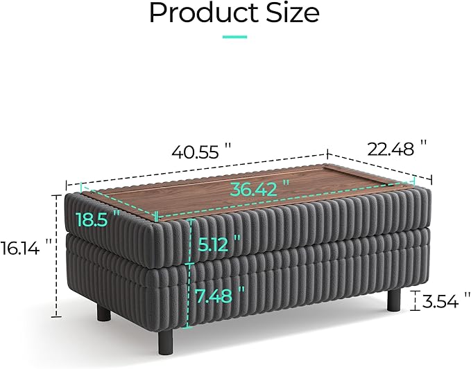 LINSY HOME Sectional Sleeper Sofa Storage Ottoman Bench, Convertible Coffee Table Plush Corduroy Couch Ottoman Footstool for Living Room, Bedroom Entryway and Family Room, Grey