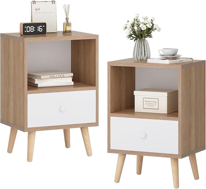 JAXPETY Nightstands Set of 2, Night Stand with Drawer and Open Storage Shelf, Bedside Tables with Solid Wood Legs, End Table, Side Table, for Bedroom (Natural)