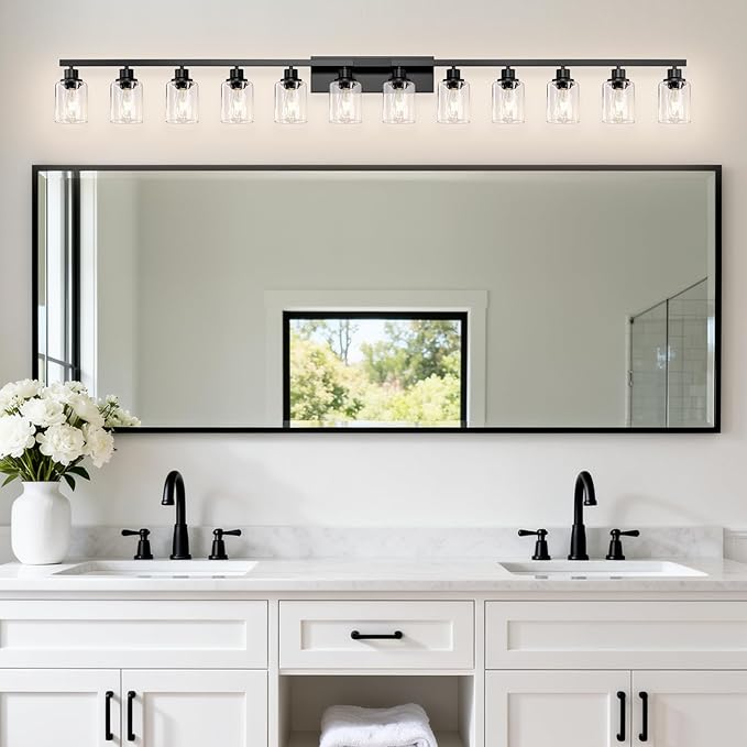 12 Light Bathroom Light Fixtures, Black Bathroom Lighting Fixtures Over Mirror Matte Black Modern Vanity Lights Wall Lighting for Mirror Bedroom, Living Room (78.7inch)