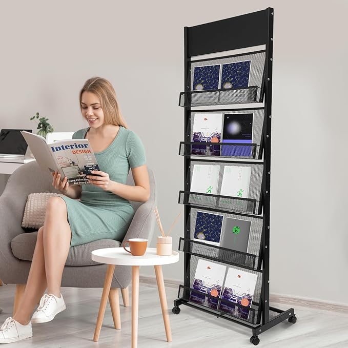 Floor-Standing Magazine Rack, 5-layer Brochure Holder Display Stand with Wheels, High-hardness Metal Literature Rack for Office, Exhibitions, and Any Organization Requiring Information Display