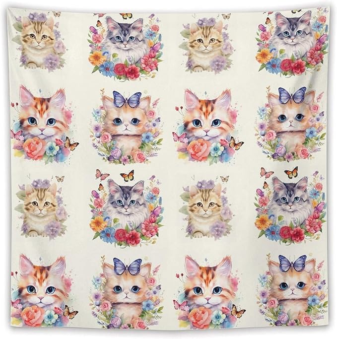 VUMIVI Watercolor Flower Cat Tapestry Colorful Cartoon Cute Animals Butterflies Abstract Art Print Tapestry Wall Hanging for Living Room Bedroom Dorm Classroom Aesthetic Decor W60xL60in