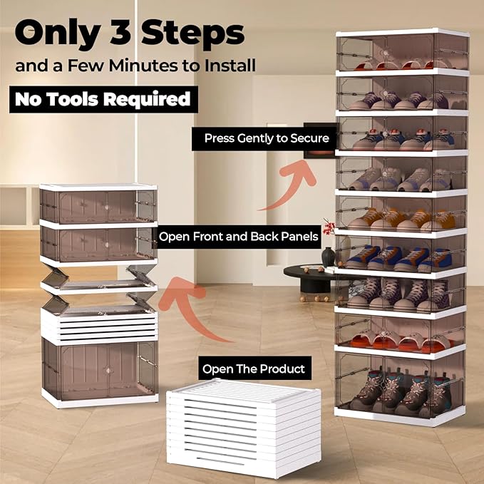 9 Tier 18 Pairs Foldable Shoe Rack with Wheels, Portable Plastic Shoe Storage Cabinet with Clear Magnetic Doors Space Saving No Assembly for Entryway, Living Room, Closet