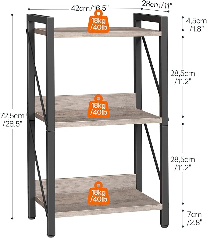 HOOBRO Bookshelf, 3-Tier Industrial Bookcase, Book Shelf Storage Organizer, Small Bookshelf with Metal Frame for Living Room, Bedroom, Home Office, Kitchen, Greige and Black BG71SJ01