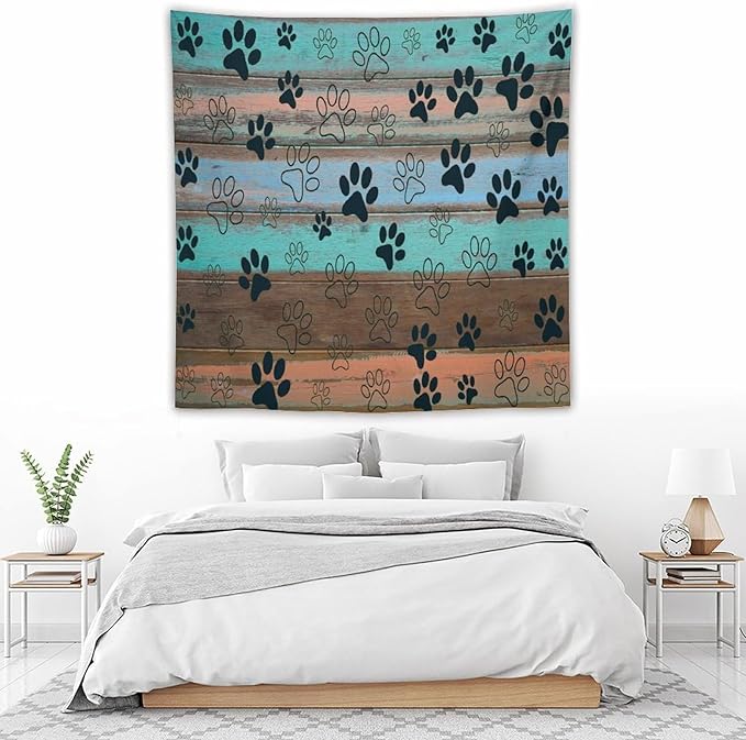 VUMIVI Dog Paw Print Tapestry Rustic Farmhouse Vintage Wood Paneling Home Decor Tapestry Wall Hanging for Living Room Bedroom Dorm Classroom Aesthetic Decor W60xL60in