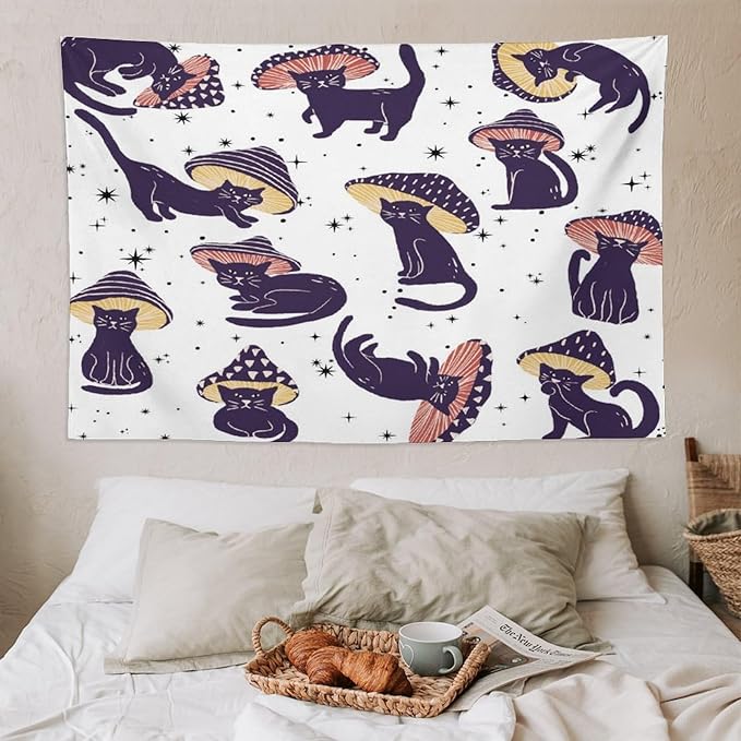 VUMIVI Funny Cat Mushroom Tapestry Retro 70s Hippie Style Cute Black Kitten Star Aesthetic Art Print Tapestry Wall Hanging for Living Room Bedroom Dorm Classroom Aesthetic Decor W90xL60in