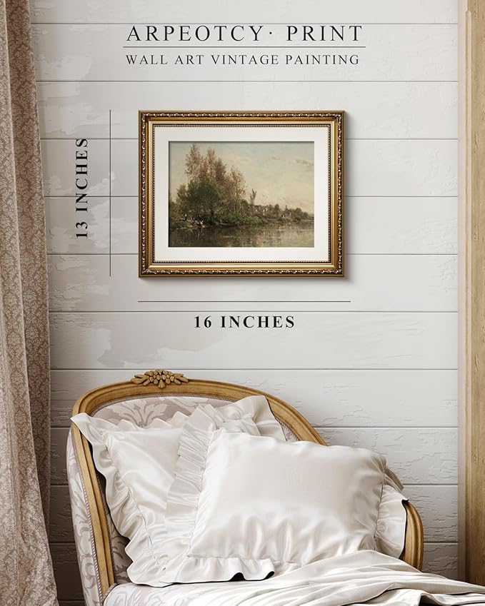 ARPEOTCY Vintage Gold Framed Wall Art Decor, 13x16 inch River Banks Landscape Paintings, Classic Vintage Room Decor, Canvas Prints Antique Frame Home Wall Art for Living Room Bedroom