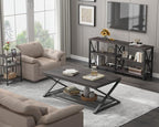 LVB Industrial Grey Coffee Table, Wood Metal 2 Tier Center Table with Storage, Rectangular Low Cocktail Table for Living Room, Farmhouse Concrete Tables for Home Office Bedroom, Dark Gray Oak, 47 Inch