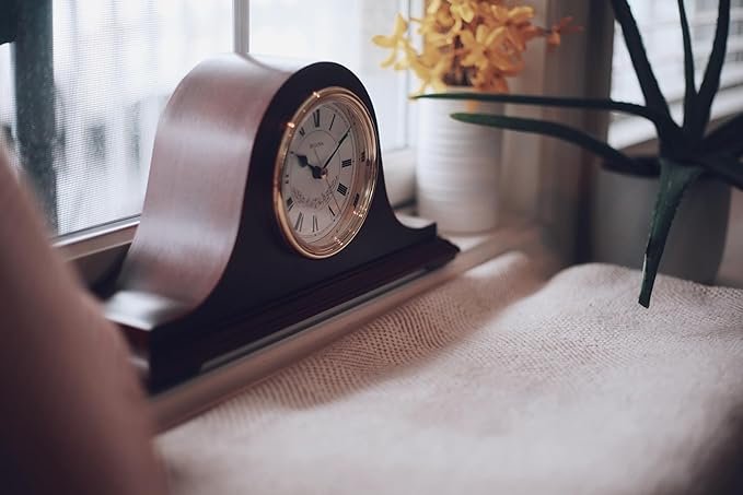 Bulova B1929 Bulova Annette I Chiming Mantel Clock, Model B1929 | Classic Mahogany Finish | Westminster Melody on The Hour | Battery Powered I Chiming Clock