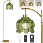 Glass Floor Lamp for Living Room,Bedroom,Gold Dimmable Standing Lamp with Remote,Mid Century Modern Brass Tall Lamp Boho Vintage Floor Lamps Arc Green Tulip Flower Floor Light Lamp Bohemian