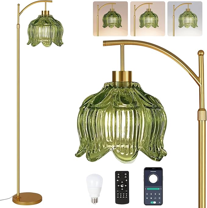 Glass Floor Lamp for Living Room,Bedroom,Gold Dimmable Standing Lamp with Remote,Mid Century Modern Brass Tall Lamp Boho Vintage Floor Lamps Arc Green Tulip Flower Floor Light Lamp Bohemian