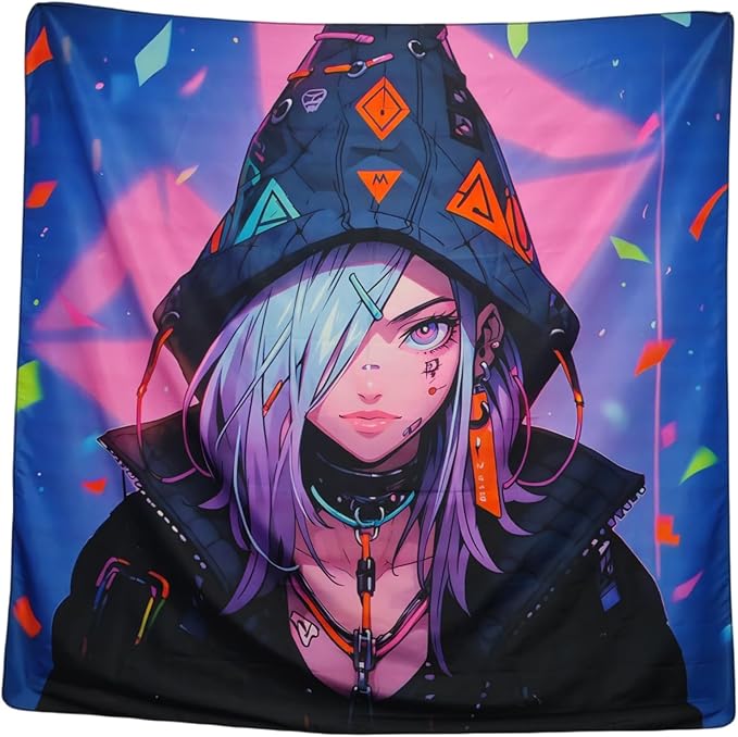 HOUHUANG Hanging paintings, blacklight tapestry, murals, and decorative paintings, fluorescent anime, cartoons, polyester material (59 "x 59") for families, bars, and outdoor parties (Cloak Girl)