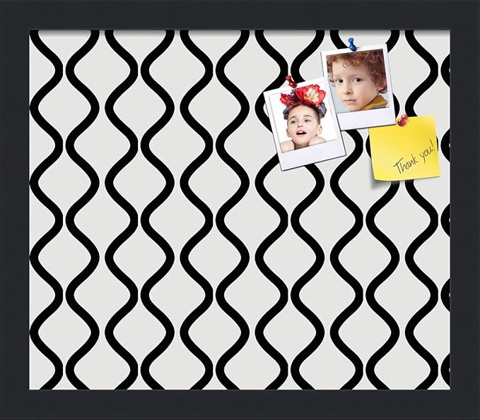 PinPix 14x12 Inch Cork Bulletin Board. This Decorative Framed Pin Board Comes with Black and White Waves Design and a Satin Black Frame. Ideal for Home Office Decor or Message Board (PinPix-194)