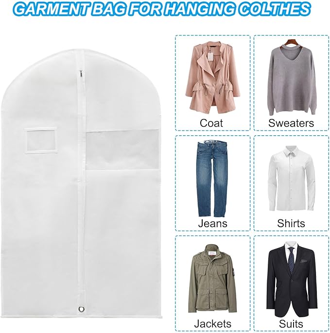 PATIKIL 60" Garment Bag, 3 Pack Breathable Suit Bag for Storage Hanging Clothes Dustproof Garment Covers for Suits Coats Dresses, White