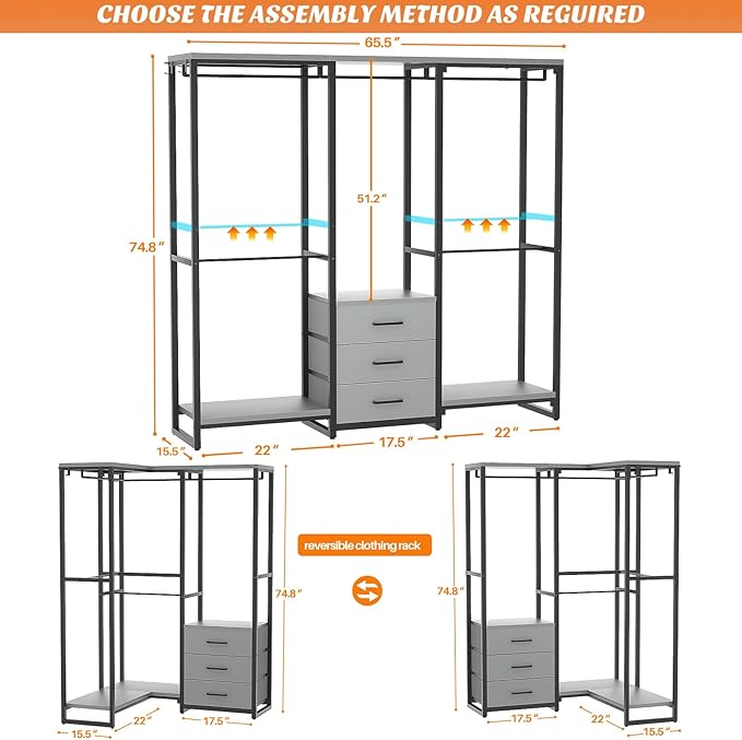 Aheaplus Garment Rack Heavy Duty Clothes Rack for Hanging Clothes,Clothing Rack with Drawers, Wood Stoarge Shelf Freestanding Closet Wardrobe Rack, Corner L Shaped Closet System Organizers, Grey