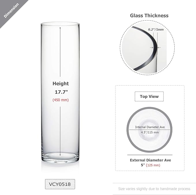 WGV Cylinder Vase, Diameter 5", Height 18", Clear Glass Floral Planter Container, Tall Centerpiece Arrangement for Wedding Party Event Home Office Decor, 1 Piece