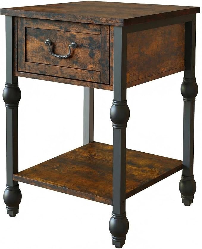 Takywep Small End Table with Drawer & Open Shelf, Vintage Nightstand with Gourd Joint Details, Apartment Square Sofa Beside Table with Storage Shelf for Living Room, Bedroom, 16 * 23in Retro Brown