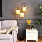 Floor Lamp for Living Room,Bedroom,3-Lights Boho Rattan Tree Floor Lights,Industrial Black Farmhouse Standing Lamp Wicker Rustic Tall Lamp,Woven Bamboo LampShade Floor Lamps Bohemian
