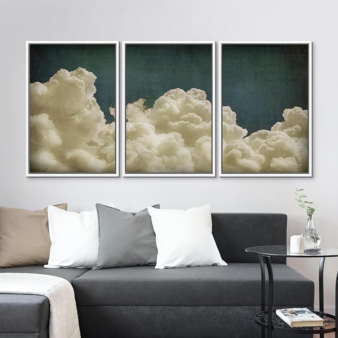 MUDECOR Framed Wall Art Print Set Vintage Cloudscape Dreamy Cotton Clouds Illustrations Modern Art Decorative Colorful Chic for Living Room, Bedroom, Office - 24"x36"x3 White