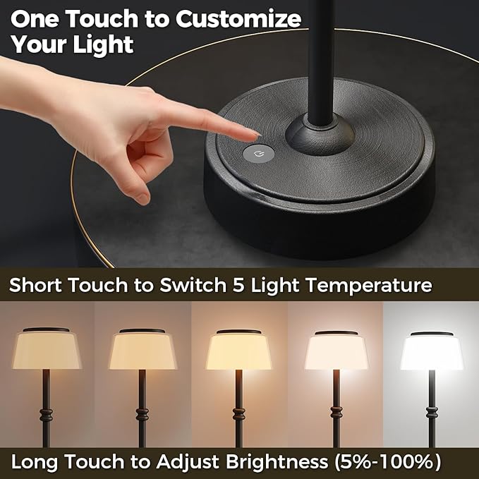 LED Cordless Lamp, 5 Colors Stepless Dimming Table Lamp, Built-in 4400mAh Rechargeable Battery with USB Charging Port, Portable Touch Bedside Light for Patio, Restaurant, Dining(2, Black)