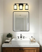 3-Light Black Bathroom Light Fixtures with Milk White Frosted Glass, 21" Modern Bathroom Vanity Lighting Fixtures Over Mirror with Metal Cage, Wall Sconce Lights for Bath, E26, OS-3014BKW-3W