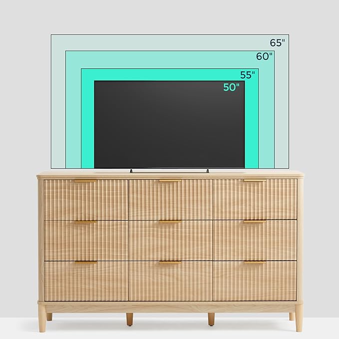 LINSY Fluted 9 Drawer Dresser for Bedroom, 58" Wide Mid-Century Modern Tall Chest of Drawers, Deep Storage Dresser with Curved Corner Design, Large Accent Wood Cabinet for Bedroom, Oak