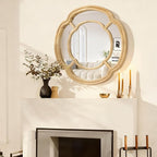 Wall Mounted Mirror, Wooden Round Framed Mirror Large Irregular Wavy Hanging Decorative Mirrors for Living Room Bedroom and Entryway Home 20 Inch Decor