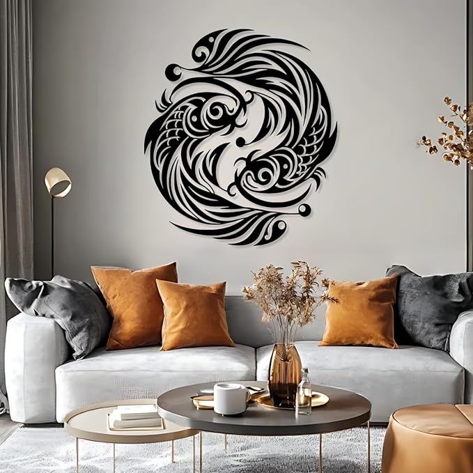 Maclou Koi Metal Wall Art, Fish Metal Wall Decor, Koi Fish Wall Decor, Japanese Art Wall Hangings for Living Room, Bathroom. Bathroom (Black,19"x17" / 47x42cm)
