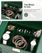 Homde Synthetic Leather Huge Jewelry Box Mirrored Watch Organizer Necklace Ring Earring Storage Lockable Gift Case (Forest Green + Gold)
