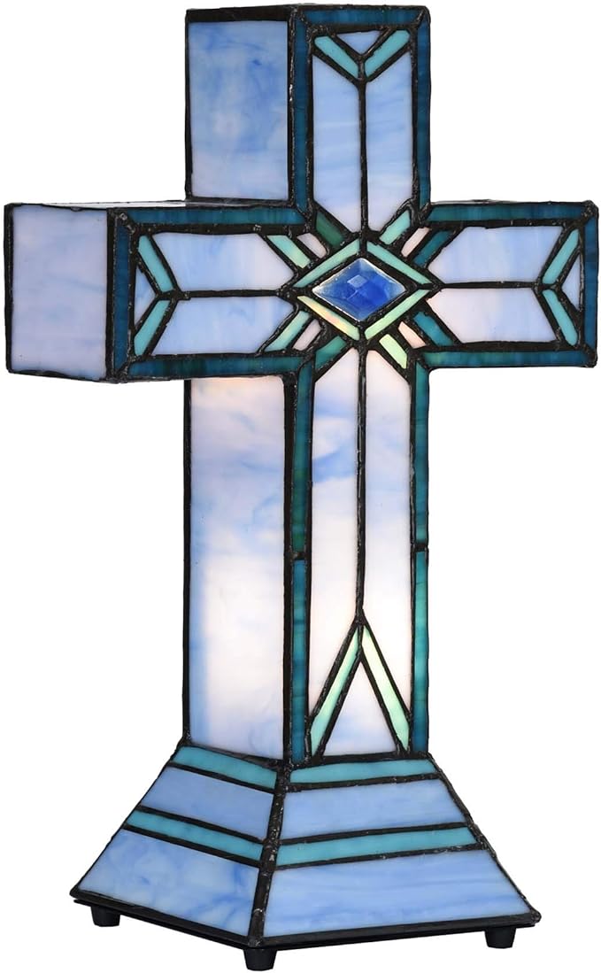 Bieye L10815 Christian Cross Tiffany Style Stained Glass Accent Table Lamp for Home Décor (Mission)