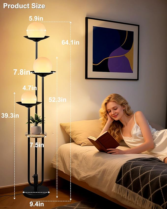 Lightdot Globe Floor Lamp with Shelf 3-Lights Modern Dimmable Floor Lamps for Wedding/Party, 3000K Warm White Bulbs Included, Black Tall Standing Lamp for Living Room/Bedroom/Sofa Beside/Corner Decor